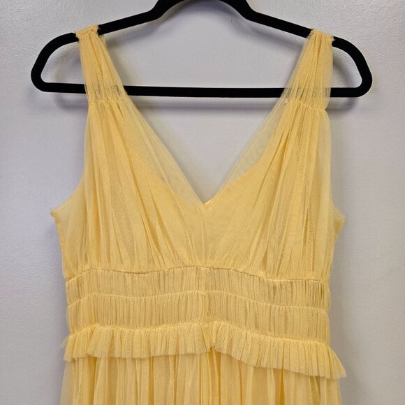 Zara Pastel Butter Yellow V-Neck Tulle Midi Dress Ruffle Ethereal Balletcore - Picture 5 of 16